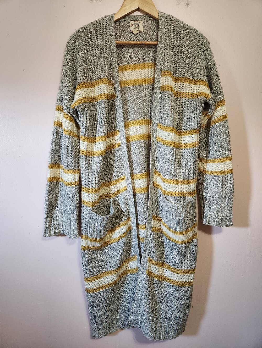 Hippie Rose Striped Waffle Knit Long Duster Cardigan Sweater Mustard Yellow XL